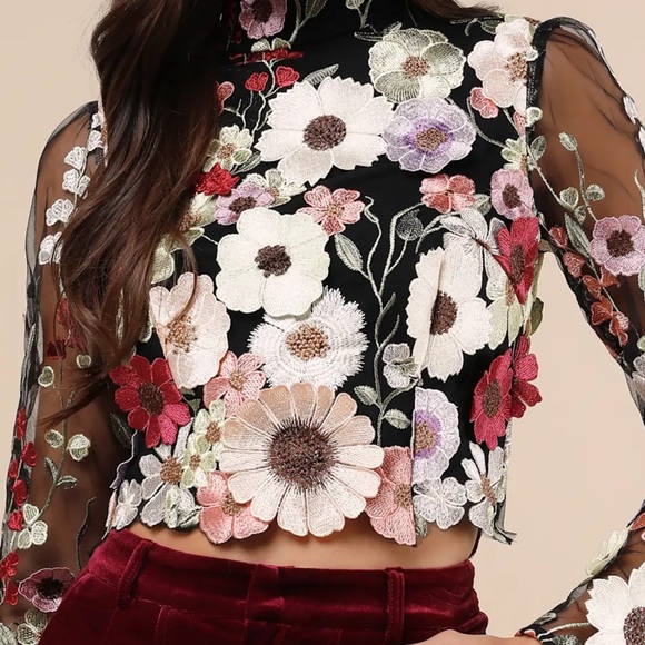 Lulus Tops - Lulu's Black Sheer Top with Floral Embroidery